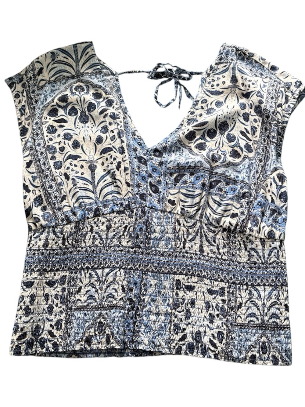 Old Navy Ruched Blue White Floral Tie Back Blouse